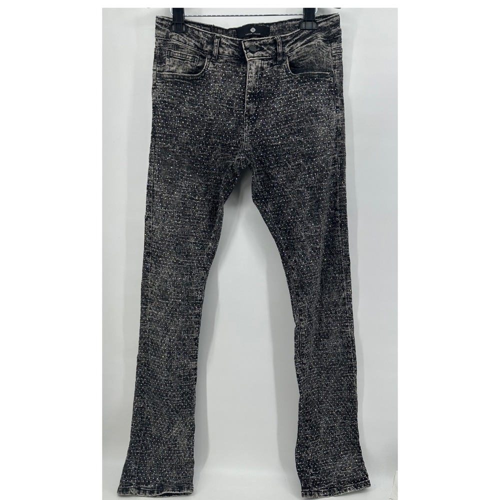Focus Jeans Mens Acid Wash Black Rhinestone Embellished Slim Ft Denim Pant 32x31